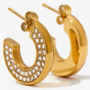 18K Gold Plated Dainty Solitaire Studded Semi Hoop
