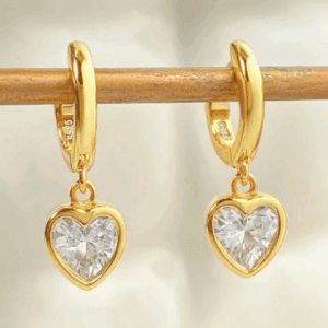 Sleek Solitaire Heart Dangle Earrings – 18K Gold Finish & Everyday Ready