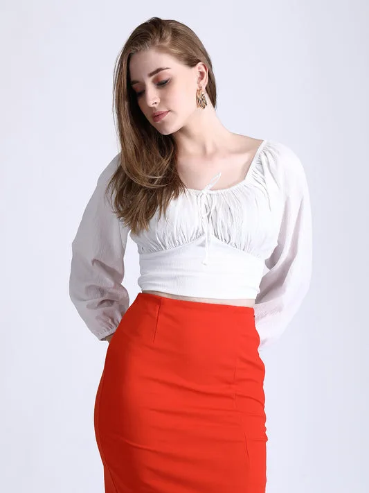 Crinkled White Crop Top with Tie - Image 2