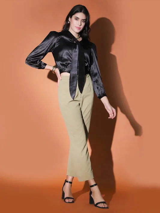 Black Satin Crop Shirt - Image 2