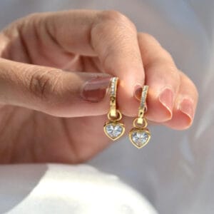 18K Gold Plated Heart Charm Hoops Earring with Sparkling Stone