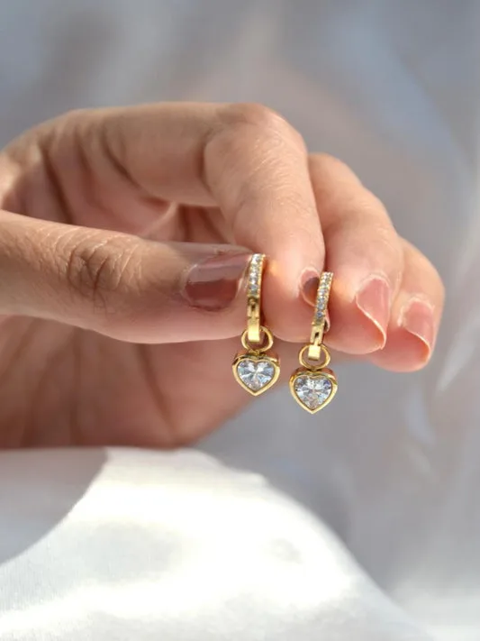 18K Gold Plated Heart Charm Hoops Earring with Sparkling Stone