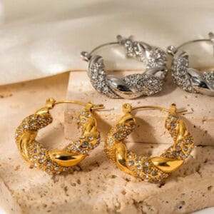 18K Gold Plated Twisted Stone Studded Hoops