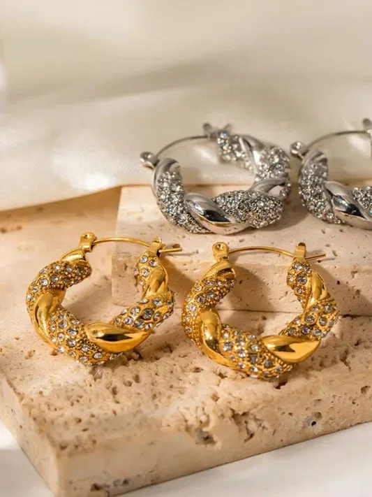 18K Gold Plated Twisted Stone Studded Hoops
