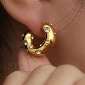 18K Gold Plated Stone Studded Half Hoop Studs